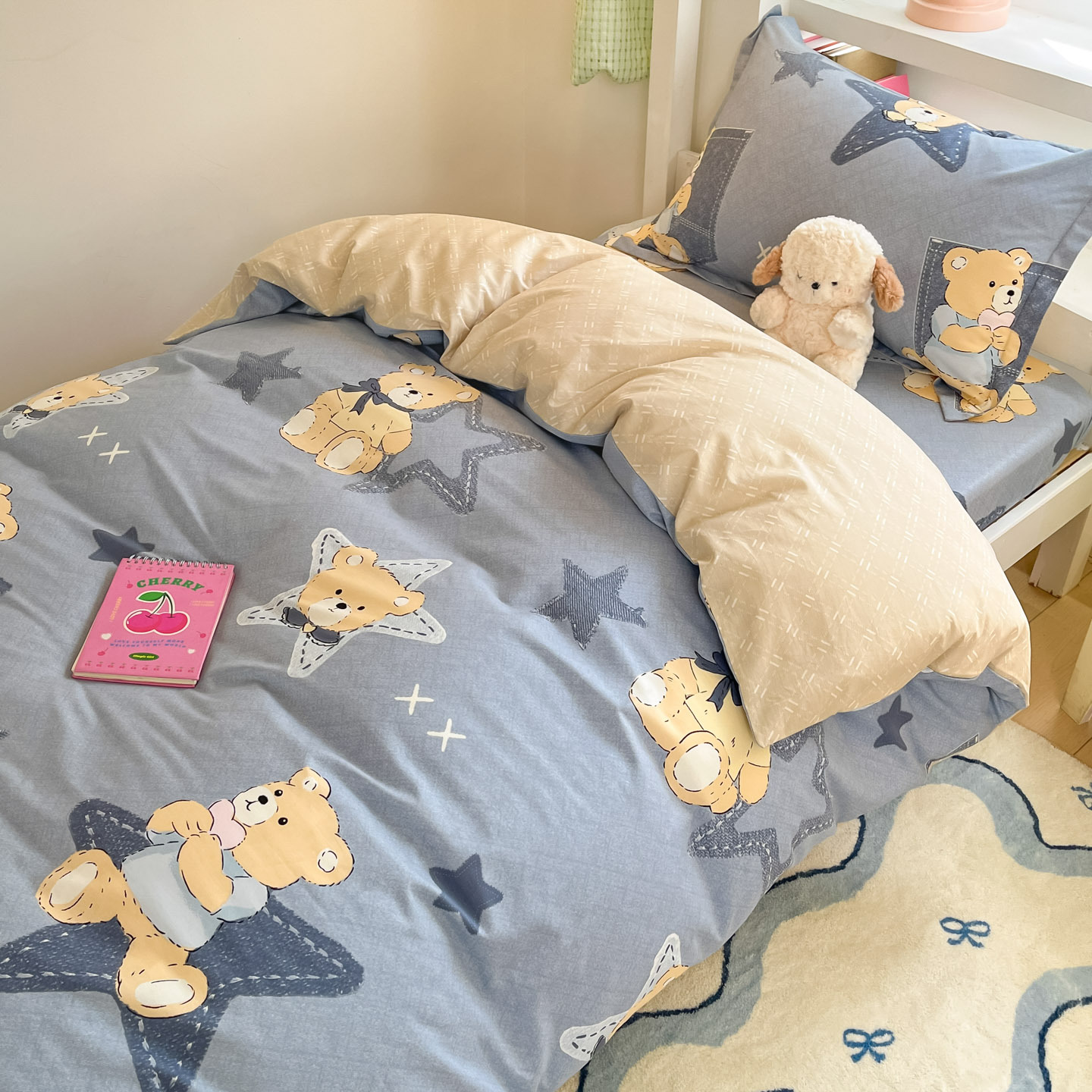 Juego de cama de dormitorio de estudiantes de tres piezas de algodón de algodón, funda de edredón, edredón, edredón, juego completo de núcleo