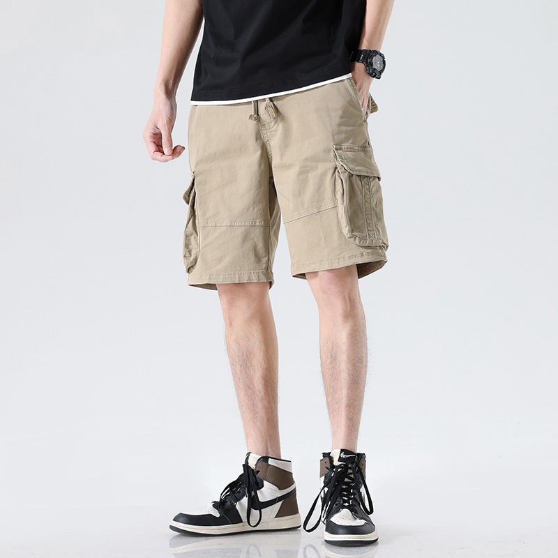 American Style Trendy Brand Cargo Shorts for Men, Loose Straight Shorts, Casual Versatile Multi-Pocket Mid-Length Shorts with Elastic Waist