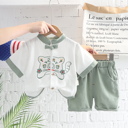 Boys' Summer Suit Set  New Trendy Korean Style Tangzhuang Short Sleeve Two-Piece Set Fashion Children's Baby Clothing