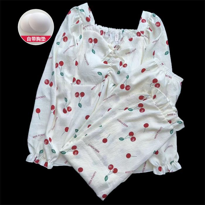 Pijamas de primavera y otoño, pantalones de manga larga, nubes de algodón, almohadilla de pecho dulce, conjunto de dos piezas, ropa de hogar simple.