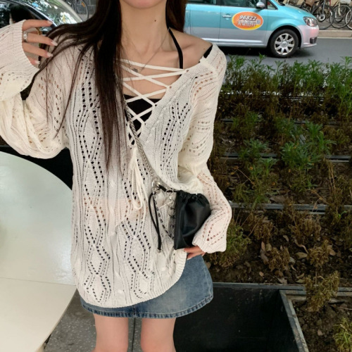 Hollow Strap Knit Sweater for Women - Spring/Summer 2025, Loose Fit White Long-Sleeve Design-Oriented Unique Top