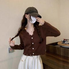 咖色美拉德V领针织开衫女早秋氛围感外搭琥珀流光风穿搭长袖上衣