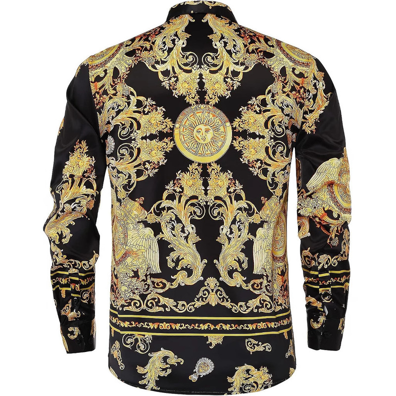 Suitable for Brand Party Long-Sleeve Printed Dress Ball Silk-Like Men's Button-Up Slim Luxury Shirt Satin
