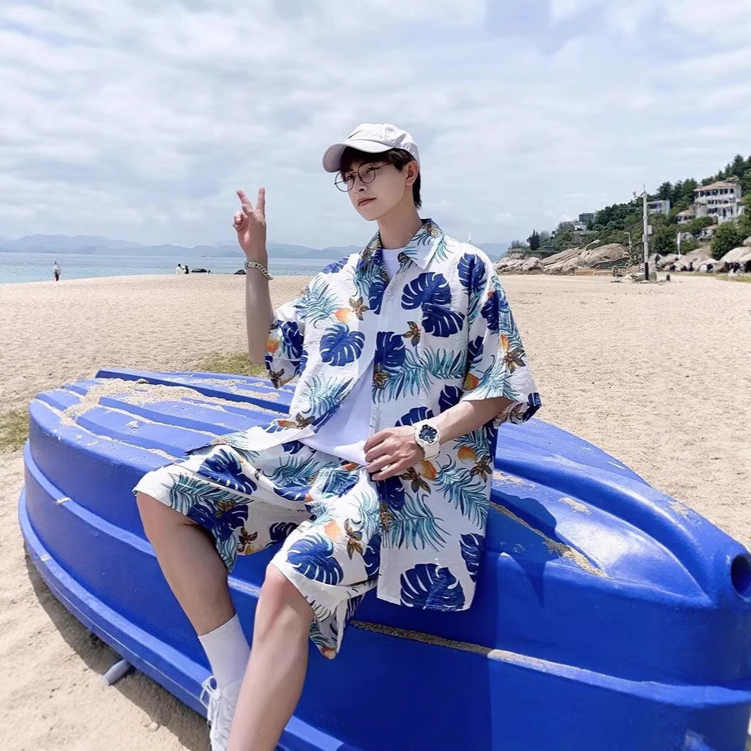 Summer Plus Size Casual Suit Men's Loose Fat Short-Sleeved Shirt Shorts Two-Piece Set Trendy Sports Beach Pants