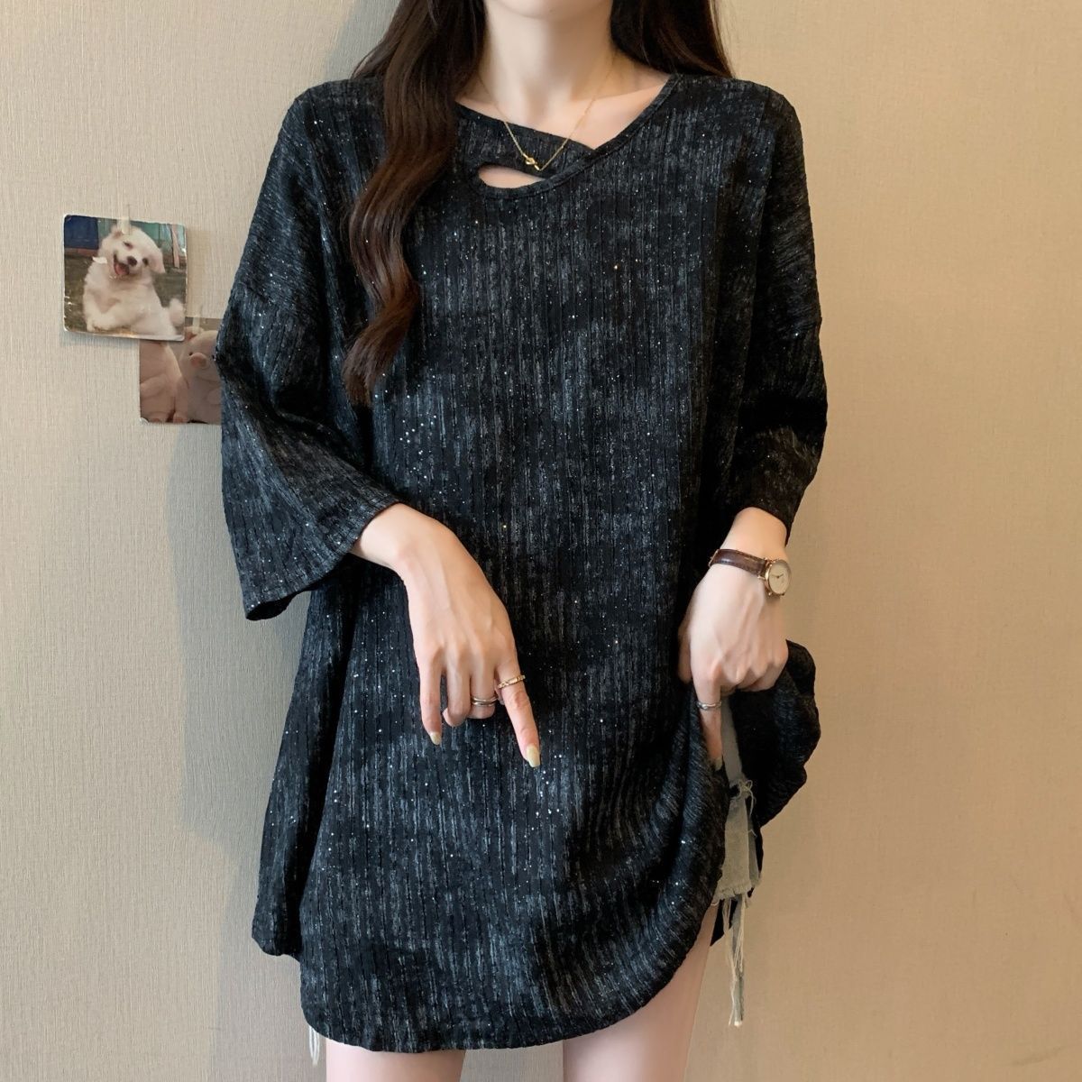Camiseta de manga corta con teñido anudado irregular de gran tamaño mm gordo para mujer, verano nuevo estilo suelto y delgado, top de longitud media para mujer
