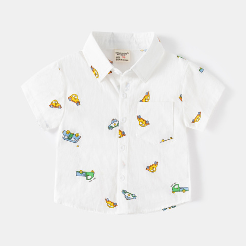 Korean style casual lapel boys' shirt, outdoor travel printed children's short-sleeved cartoon car children's cotton shirt