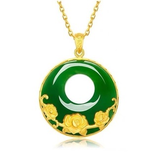 High imitation gold plated gold color lucky women's rose safety buckle green jade pendant gift necklace gift