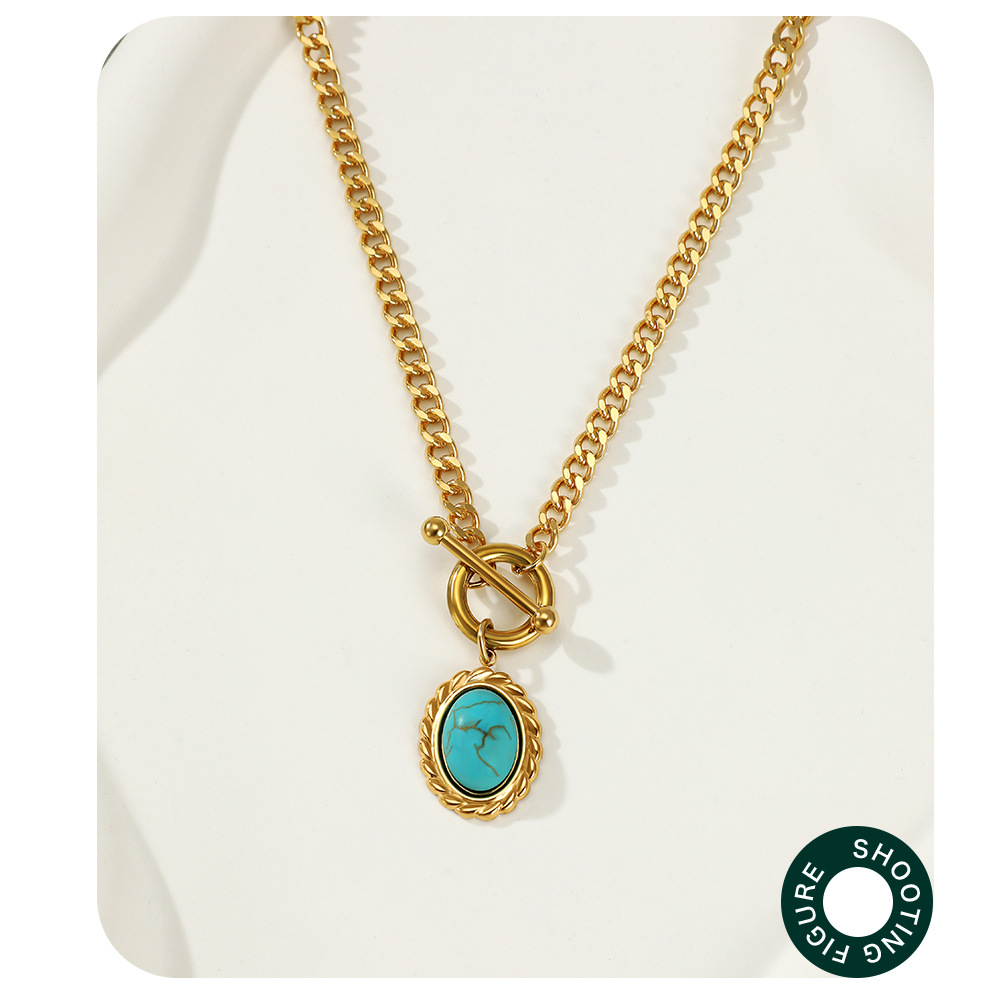 Oval Pattern Wholesale Jewelry Fashion Oval 304 Stainless Steel Turquoise Plating Stainless Steel Necklaces