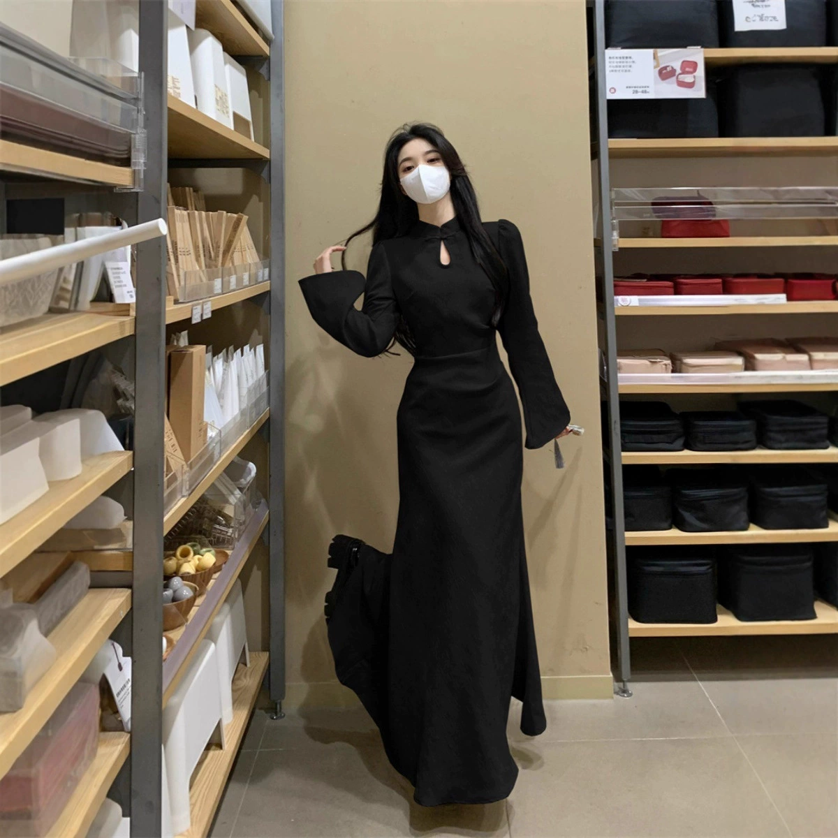 Платье цисан (cheongsam) для женщин, французский стиль осень, макси с юбкой и бретельным дизайном, больших размеров