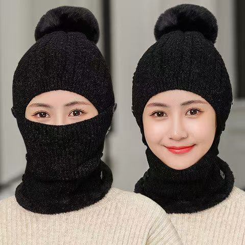 秋冬款帽子女针织防寒帽围脖连体护脸口罩帽子围脖纯色加绒保暖帽|undefined