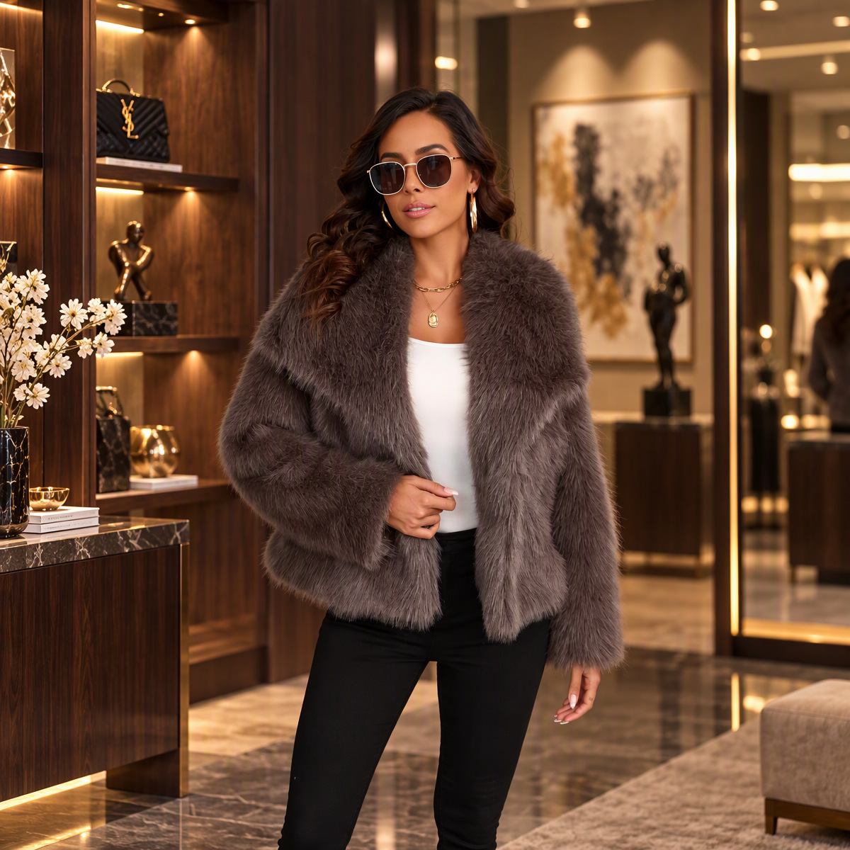 European and American Style Faux Fur Coat for Women, Lapel Collar, Long-Sleeved Fur Coat, Elegant and Stylish, Short Faux Fur Top
