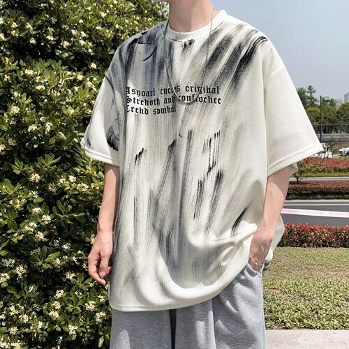 Hand-painted graffiti-style small-town trend T-shirt for men, summer high-street heavy-duty oversized hip-hop sport top