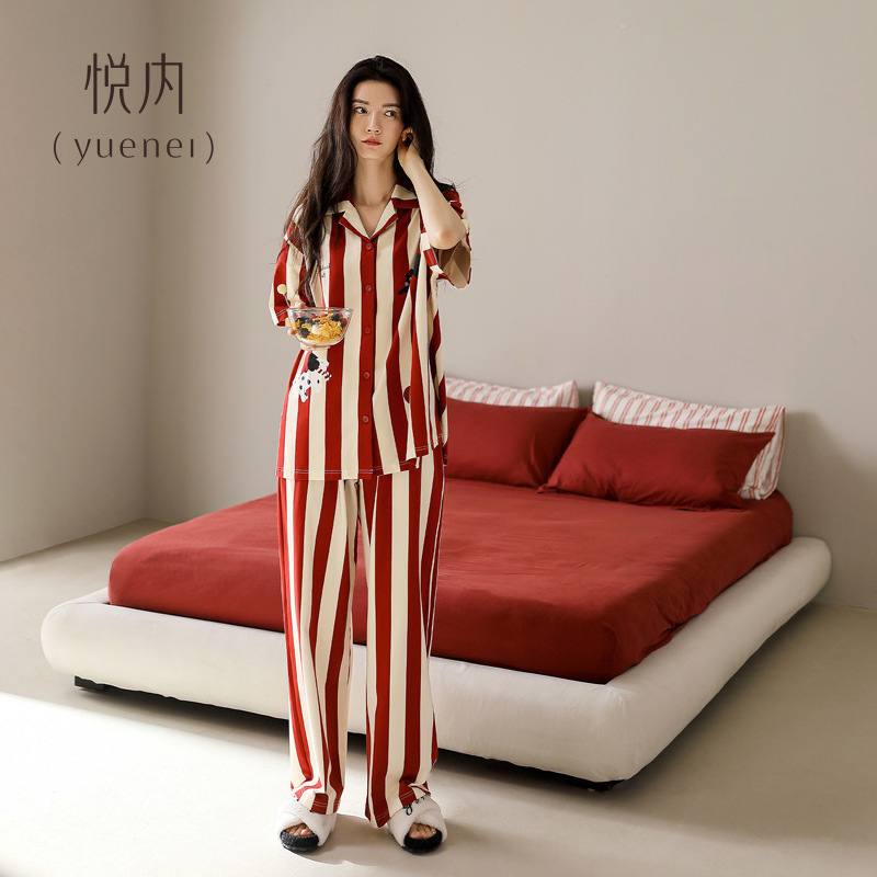 悦内带胸垫睡衣女款夏季夏天纯棉短袖长裤家居服时尚大红色本命年|undefined