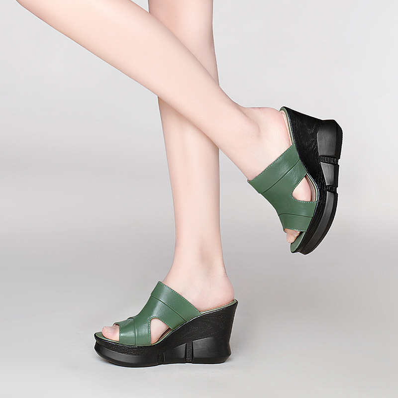 Sandal nữ da bò mũi cá gót xuồng cao đế dày phong cách mới xuân hè — Màu đen