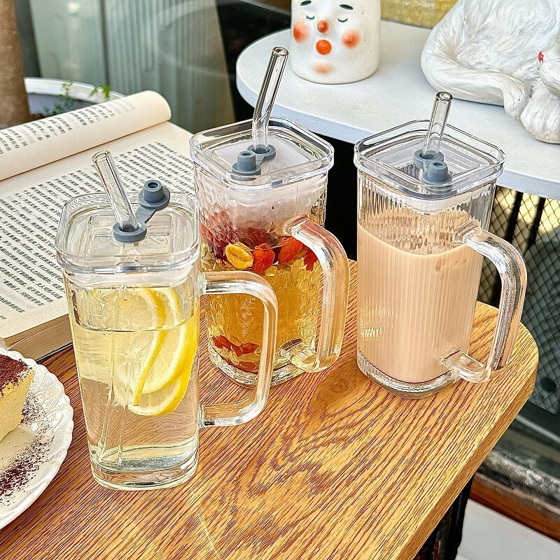 Spot High-Looking Transparent Square Handle Cup Office Home Juice Cup Coffee Drink Glass Cup with Lid