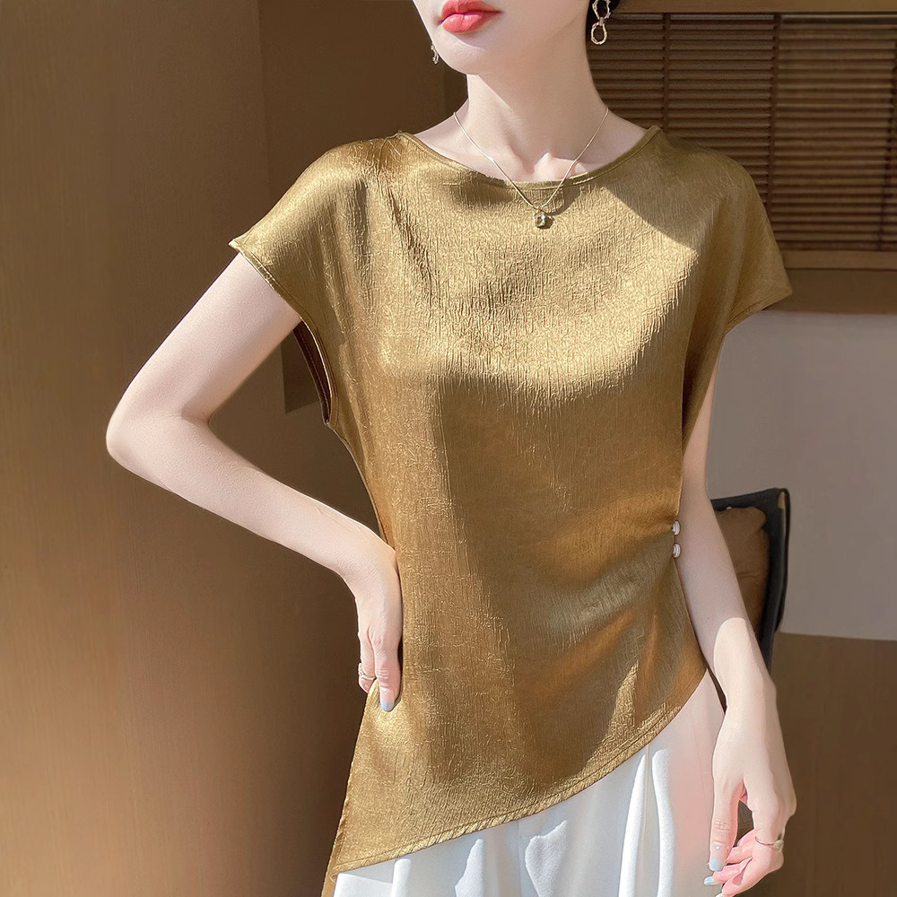 2025桑蚕丝夏季女装新款肌理感上衣时尚百搭圆领修身气质T恤短袖