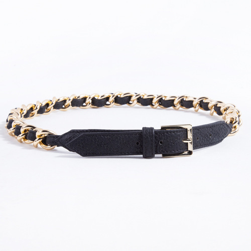 New Chanel-style women's waist chain vintage black gold leather head layer cowhide square pin buckle handmade mid-century belt