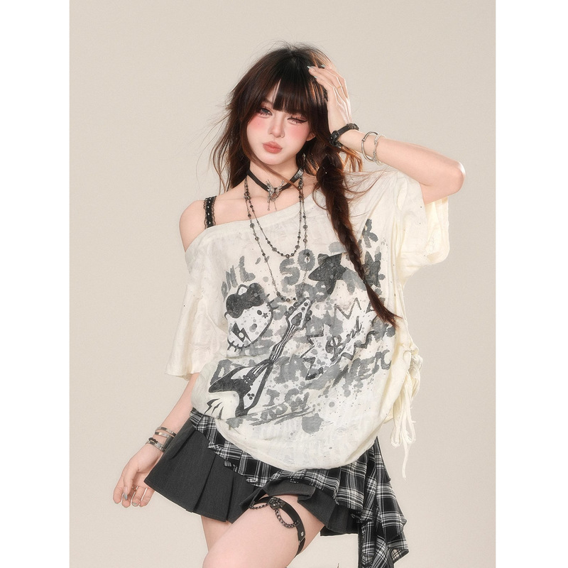 甘くてクールなホットガールロックキティ猫落書きストラップ半袖Tシャツレディース夏ルーズオフショルダートップブラウス|undefined