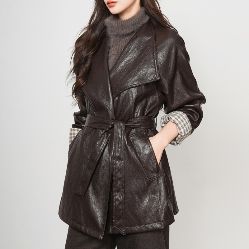 Brand Design Mid-Length Leather Windbreaker for Women, High-End, Low-Luxury, Fashionable and Elegant Motorcycle Jacket, Sheepskin Jacket, Windbreaker