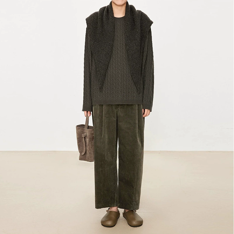 2024 Autumn/Winter Velvet Corduroy Wide-Leg VTG-Waist Grandma Pants with Three-Dimensional Striped Texture