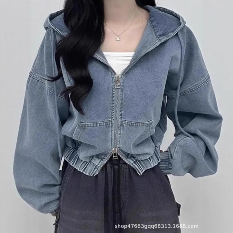 Korean Chic Autum Hong Kong Style Double Zipper Loose Casual Versatile Short Long-Sleeved Hooded Denim Jacket for Women