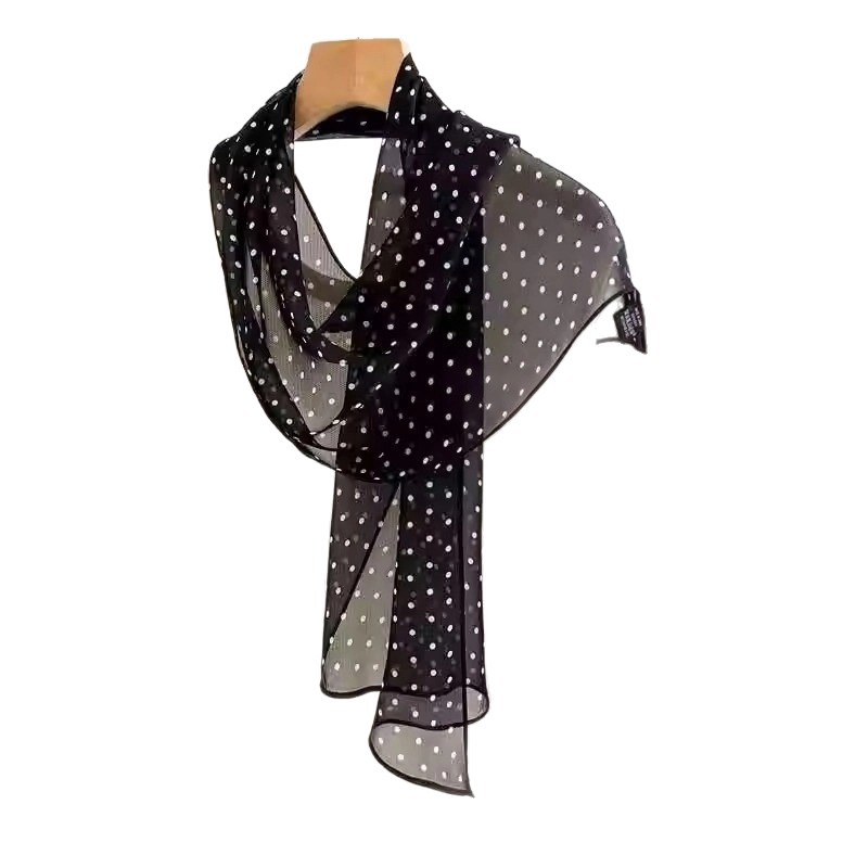100% Mulberry Silk French Hepburn Style Black Polka Dot Long Skinny Scarf Women's Real Silk Diagonal Ribbon Thin Scarf - Thumbnail 5