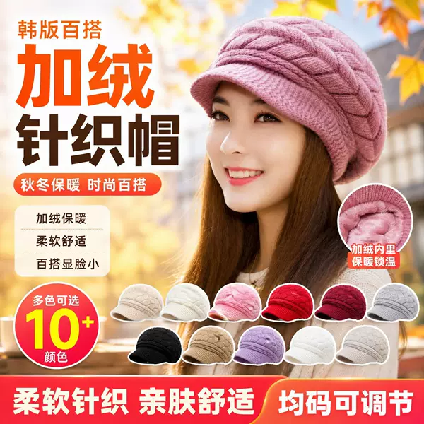 Cross-border knitted hat for women, autumn and winter warm knitted wool hat with fleece, Korean beret hat, versatile for the elderly