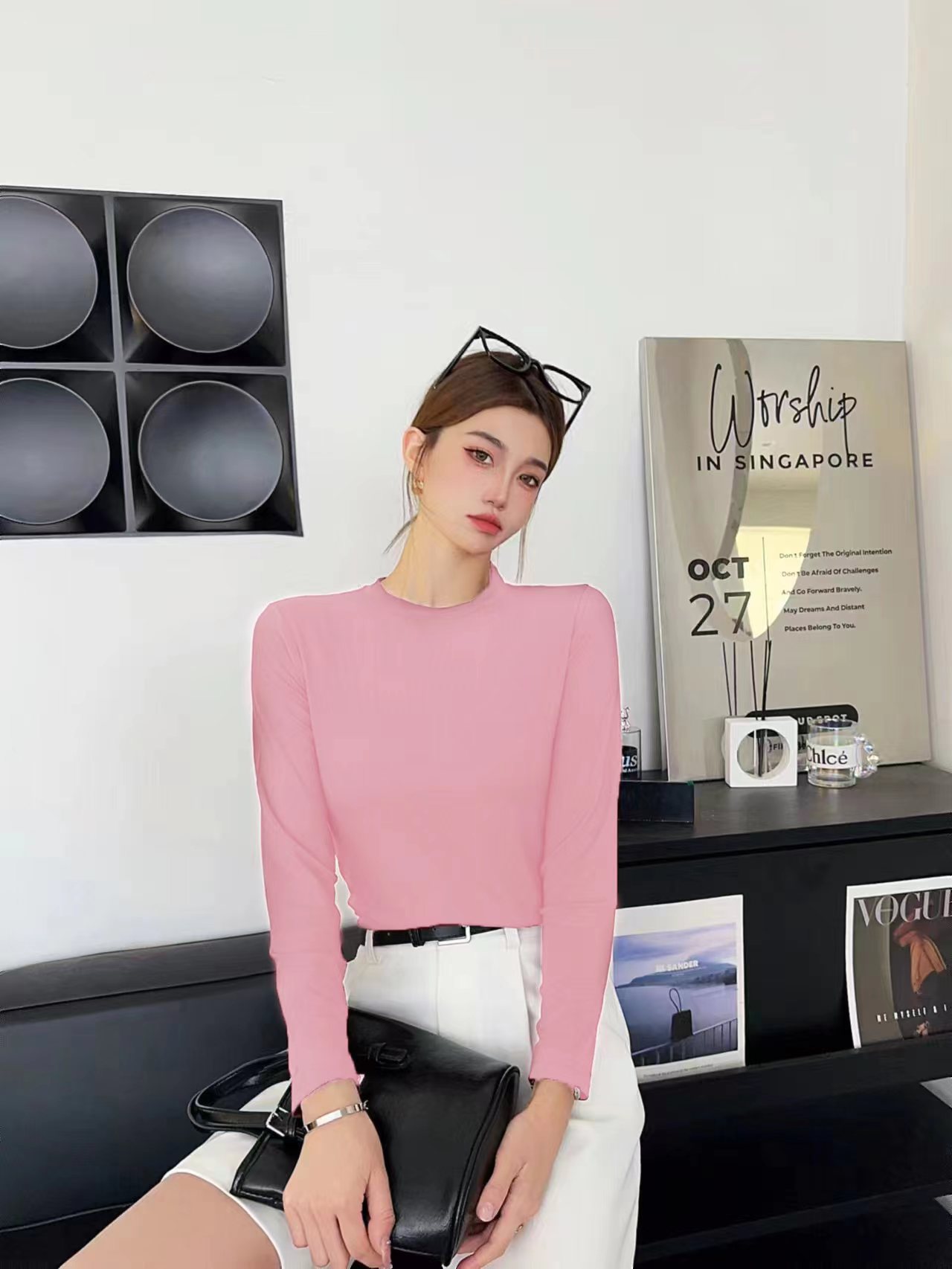 모달 고탄성 라운드넥 긴팔 핑크