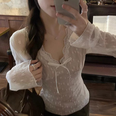 公式写真 実価 Pure Desire デザイン Vネック レース Tシャツ レディース 秋冬 シック スリム 長袖 トップス