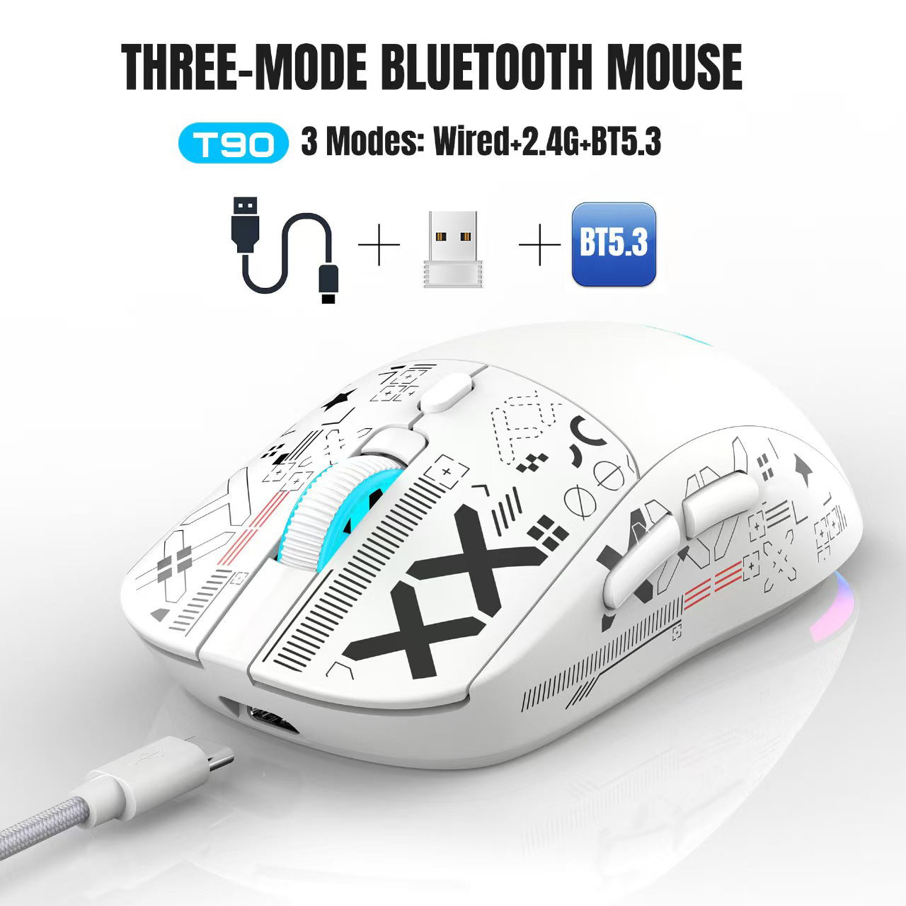 Nuevo mouse inalámbrico Bluetooth 2.4G con cable de tres modos RGB emisor de luz 650MAH juego inalámbrico Mouse explosión transfronteriza