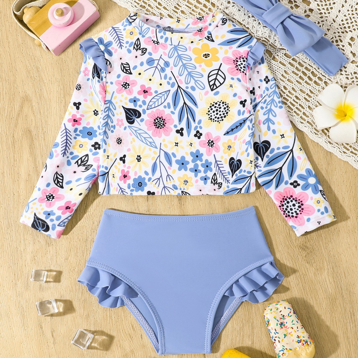 2025 Trending Cross-Border Floral Print Women's Baby Two-Piece Long-Sleeve Sun-Protective Swimsuit Vacation Set with Headband Age Code