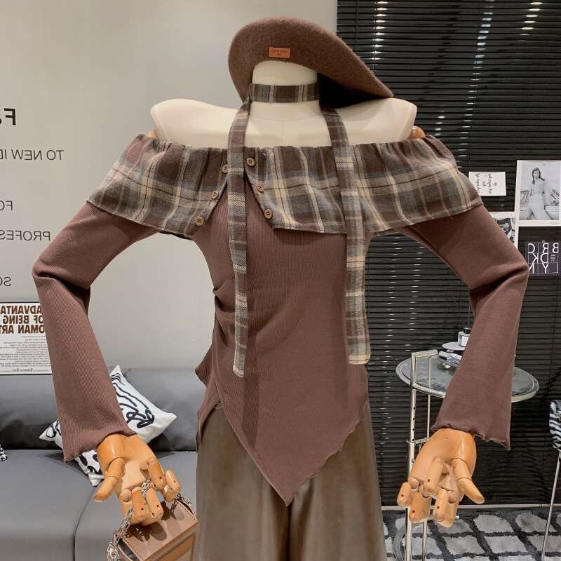 Autumn and Winter Retro Plaid Ruffle Design Slim Fit Versatile Irregular Age-Reducing T-Shirt for Women Ins Trend