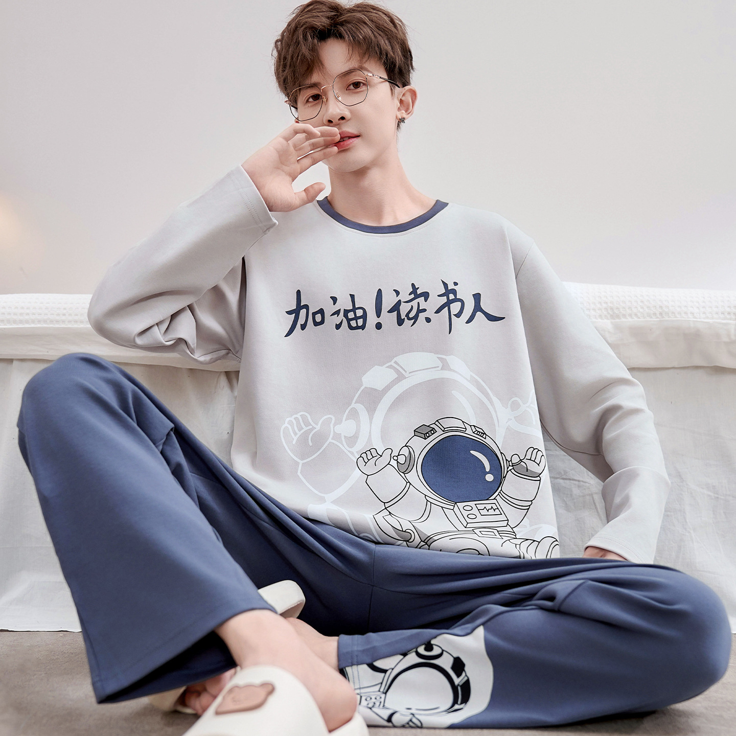 Pajamas Men's 2025 New Men's Long-Sleeved Spring and Autum Pure Cotton Thin Kidsren's and Teenagers' Junior High School Students' Home Clothes