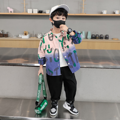 Boys' Large Letter Gradient Shirt Set 2024 Spring and Autumn New Korean Style Cool Baby Boys' Foreign Trade Children's Clothing