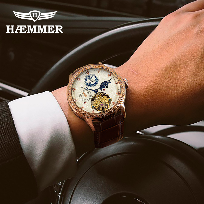 Đồng hồ cơ nam tự động tourbillon lộ máy, vỏ hồng trắng dây da cà phê — Vỏ hồng trắng da cà phê