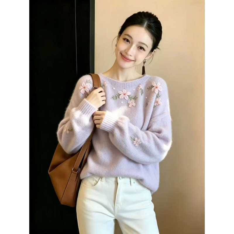 Plum is Ripe "Vine Flowers" Mohair and Sheep Wool Blend Gentle Style Hand-Crocheted Embroidered Sweater for Women
