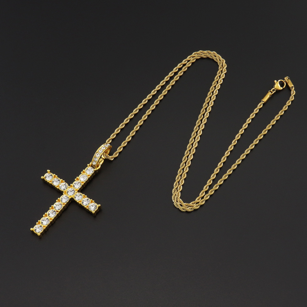 10g Weight Alloy Pendant Material Rhinestones Inlay Material Pendant Necklace Classification Alloy Chain Material Tennis Chain Chain Type Street Occasion Alloy Material Cross Pattern Unisex Gender Retro, Punk Style Ornament Simple  Style Full Diamond Single Row Diamond Tennis Chain Men's And Women's Big Cross Pendant Necklace 1