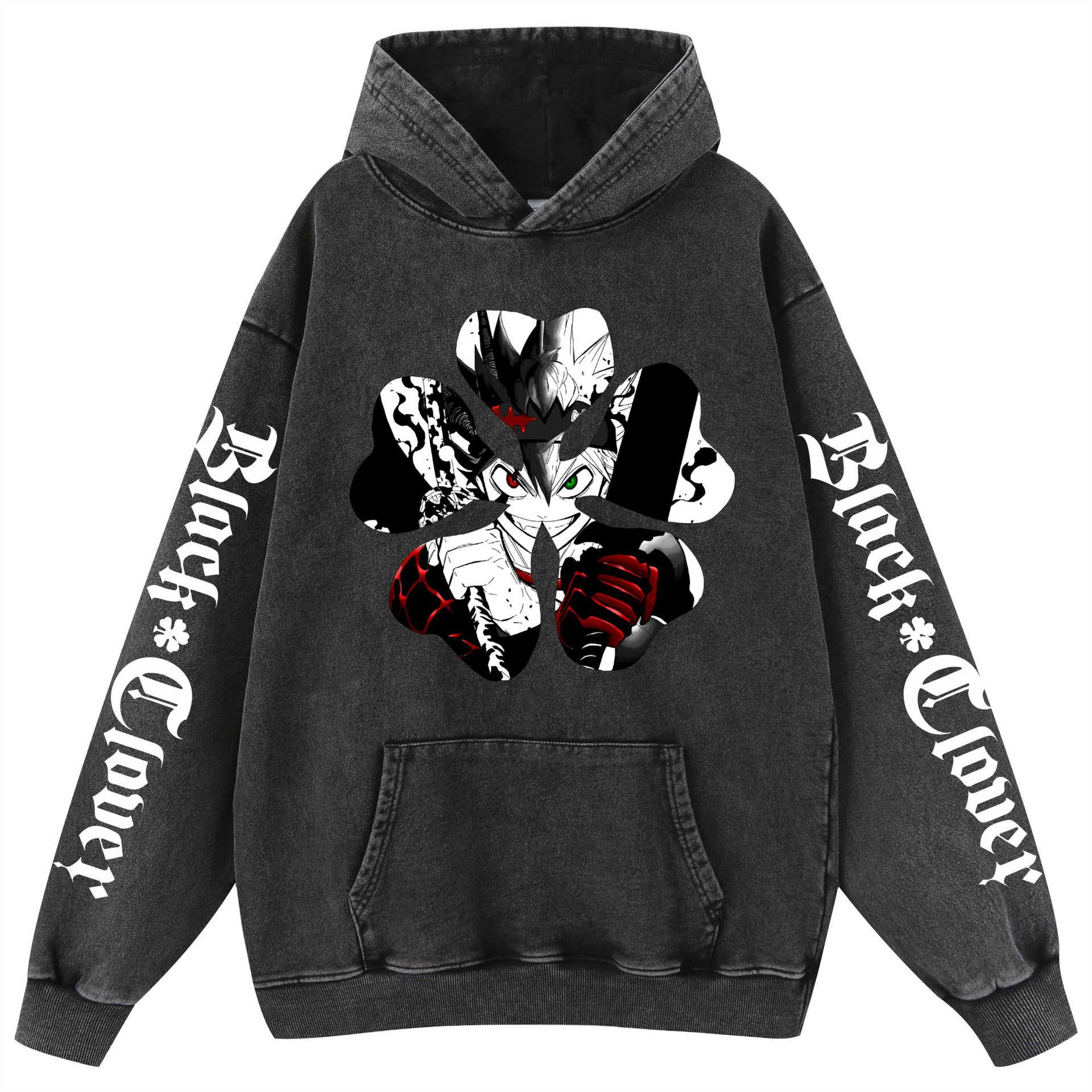 Tréveros negros de cuatro hojas Black Clover Lavado retro algodón con capucha suéter para hombres y mujeres