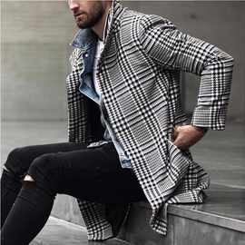 街头时尚非洲男士大衣外贸时尚潮流翻领单排扣格子中长款风衣外套