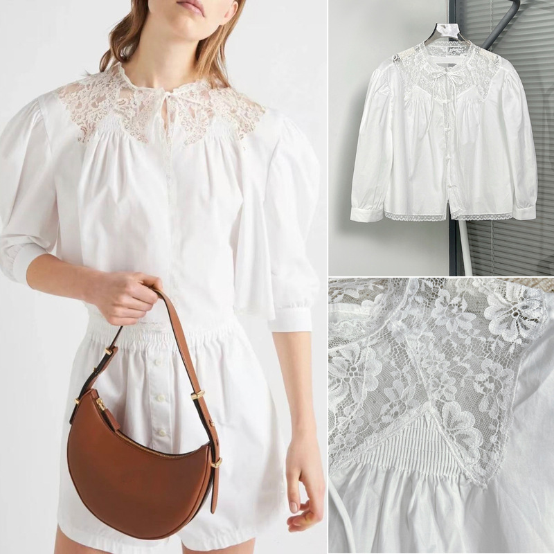 House25 Xia Xin French Shoulder See-Through Lace Splicing Single-Breasted Cotton Shirt Top for Women