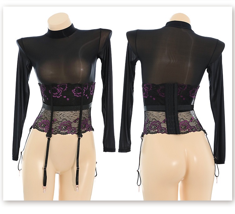 Feimu & Miji Lace Corset Set with Glossy Top, Fishbone Waist Cincher and Garter Stockings — detail image 22