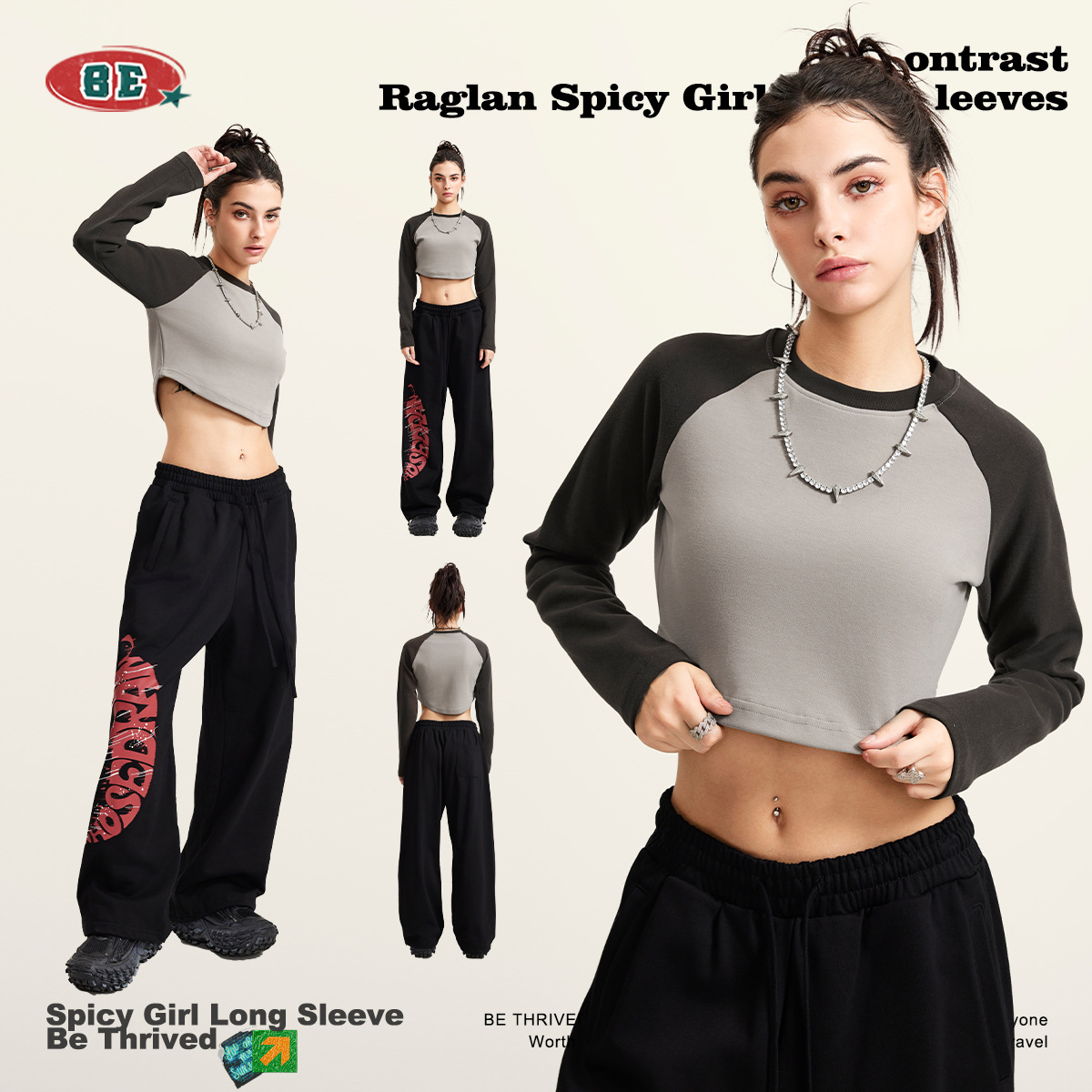 Camiseta corta de otoño para mujer BE, manga raglán de algodón picante, estilo dulce y fresco, camiseta de manga larga estilo BM recortada, marca de moda, sexy. image 4