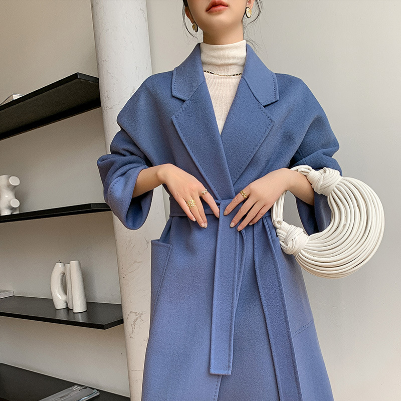 纯羊毛西装领双面呢子2024年秋冬新款纯色宽松系带带兜长款大衣女
