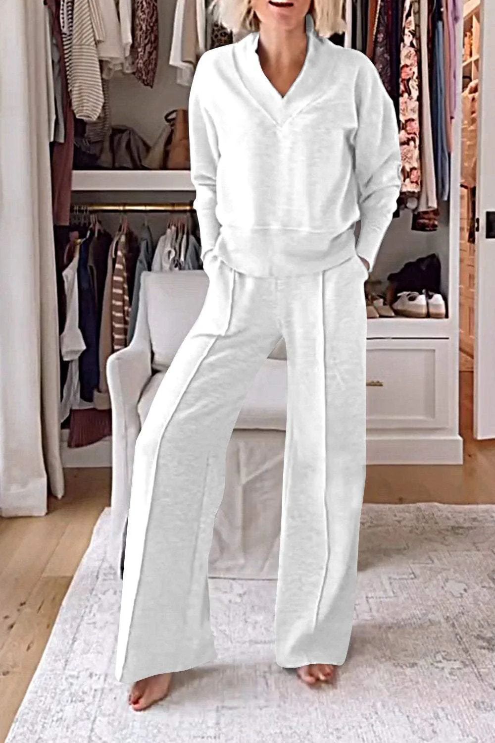 Ensemble deux pièces uni pour femme, manches longues, décontracté, confortable, idéal pour l'intérieur, style automne-hiver, style européen et américain._voghion.com