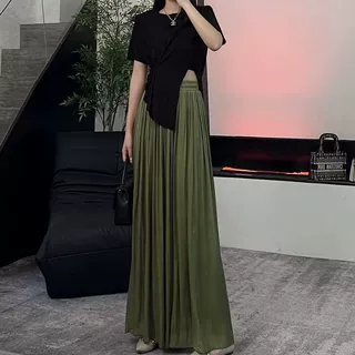 绿色慵懒风裤裙夏季薄款冰丝阔腿裤女高腰显瘦垂感拖地休闲裤裤裙