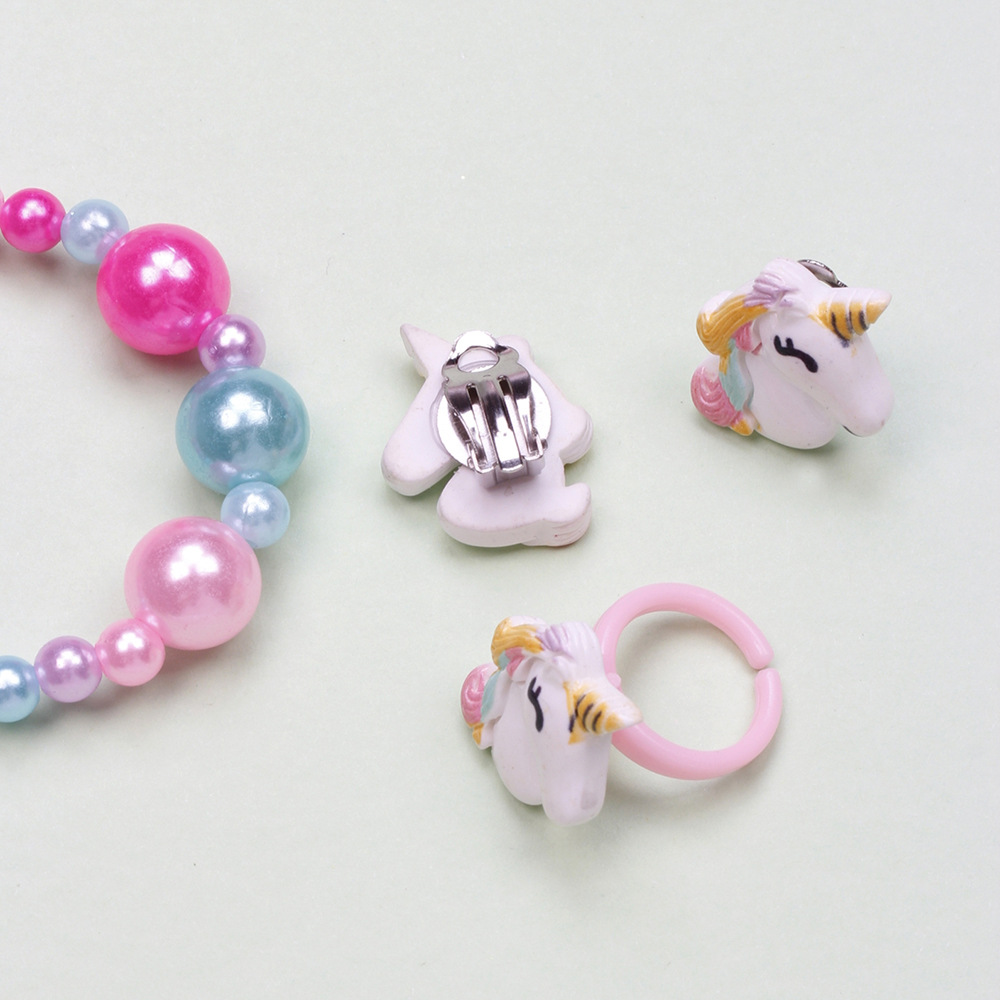 Cute Unicorn Crown Resin Beaded Rings Earrings Necklace 1 Set
