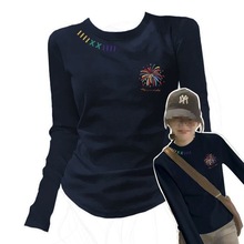 棉美式复古正肩圆领长袖恤女设计感修身显瘦内搭上衣