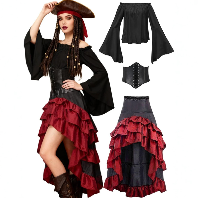 Foreign Trade Style Halloween Artistic Short-Front-Long-Back Ruffled Long Dress. Medieval Costume Pirate-Style Waist-Shaping Dress Foreign Trade Style Halloween Artistic Short-Front-Long-Back Ruffled Long Dress. Medieval Costume Pirate-Style Waist-Shaping Dress