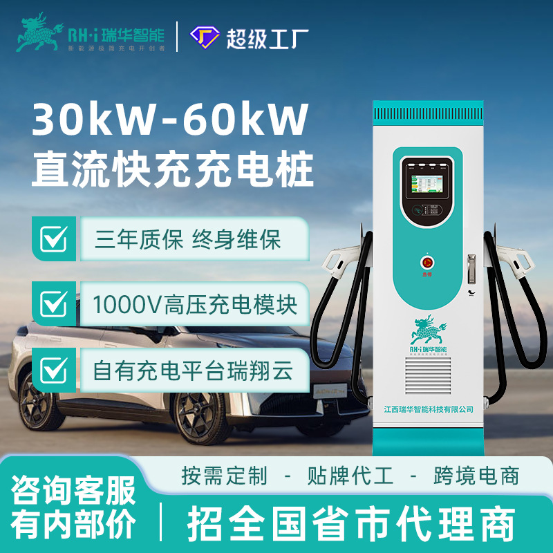 瑞华智能30/40/60kw千瓦单双枪直流快充充电桩380V新能源汽车九孔