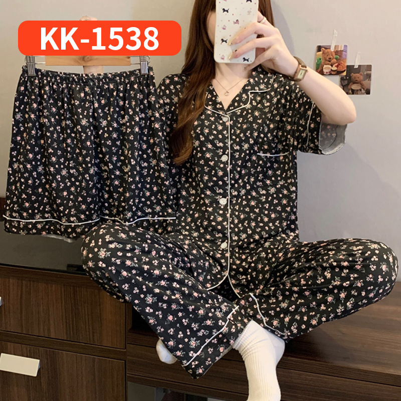 ネットセレブ人気の女性用半袖パジャマ、夏のストライプリボン、スイートホーム服、しわのある布の3点セット、リアルショット卸売|undefined